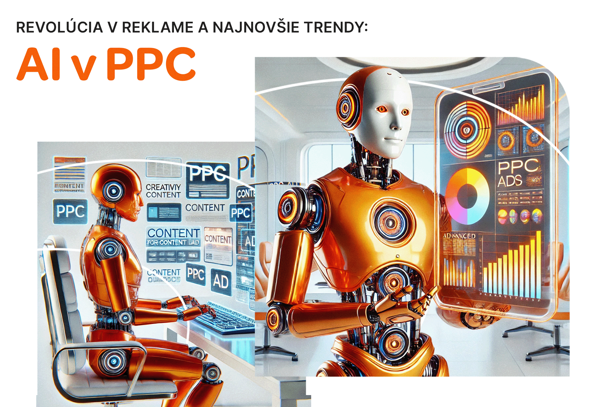 Obrázok s robotom a textom "Revolúcia v reklame a najnovšie trendy: AI v PPC"