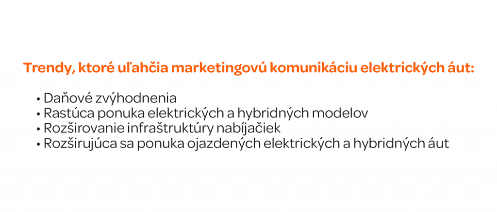 Trendy, ktoré uľahčia marketingovú komunikáciu elektrických áut Daňové zvýhodnenia: Rastúca ponuka elektrických a hybridných modelov Rozširovanie infraštruktúry nabíjačiek Rozširujúca sa ponuka ojazdených elektrických a hybridných áut